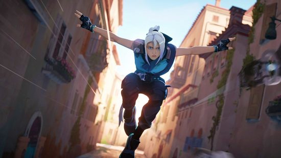 Valorant UI changes bring some edge to Riot's PFS game: A woman with white hair runs very quickly through an old town