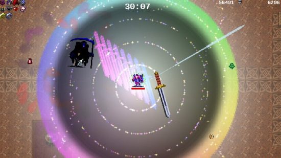 Vampire Survivors endless mode: A pink demon surrounded by a rainbow aura and a massive, swooping sword stands in the centre of the screen as it is approached by the silhouette of the grim reaper