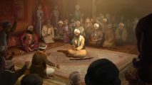 Victoria 3 cheats and console commands: Two men sit cross-legged, facing each other, on a lush rug surrounded by onlookers in turbans and desert robes
