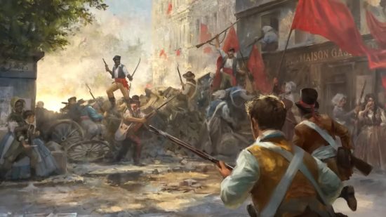 Victoria 3 update civil war: Revolutionaries rush toward barricades set up in the streets in a painting created for Victoria 3