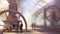Victoria 3 construction and building guide: Men in top hats survey a factory floor containing large machines with huge flywheels