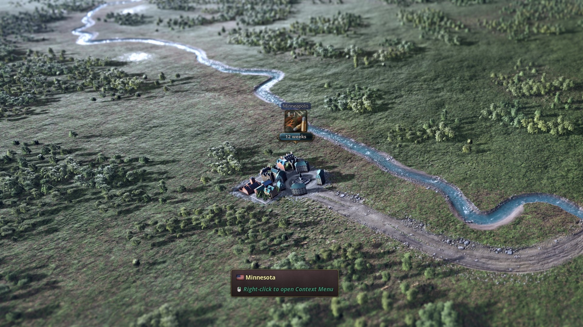 Victoria 3 construction and building guide: A munitions factory being built in Minneapolis, which is represented by a tiny town along the river