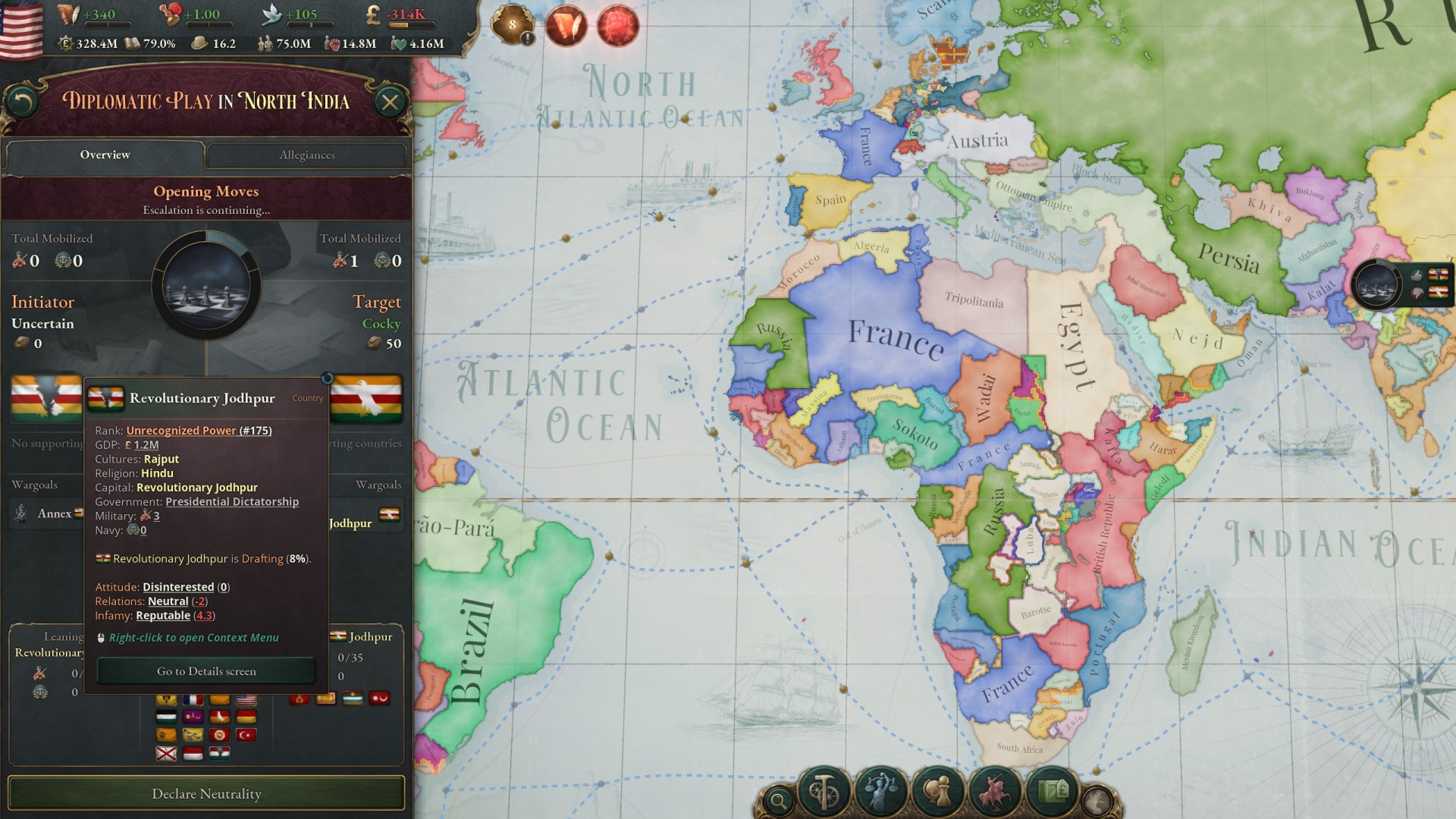 Victoria 3 diplomatic plays guide: A menu on the left hand side of a paper map showing an ongoing diplomatic play between Jodhpur and a revolutionary movement inside the country.
