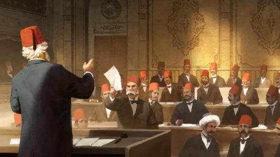 Victoria 3 Diplomatic plays guide: A man wearing a fez and an impressive white mustache angrily raises a sheet of paper during a legislative session