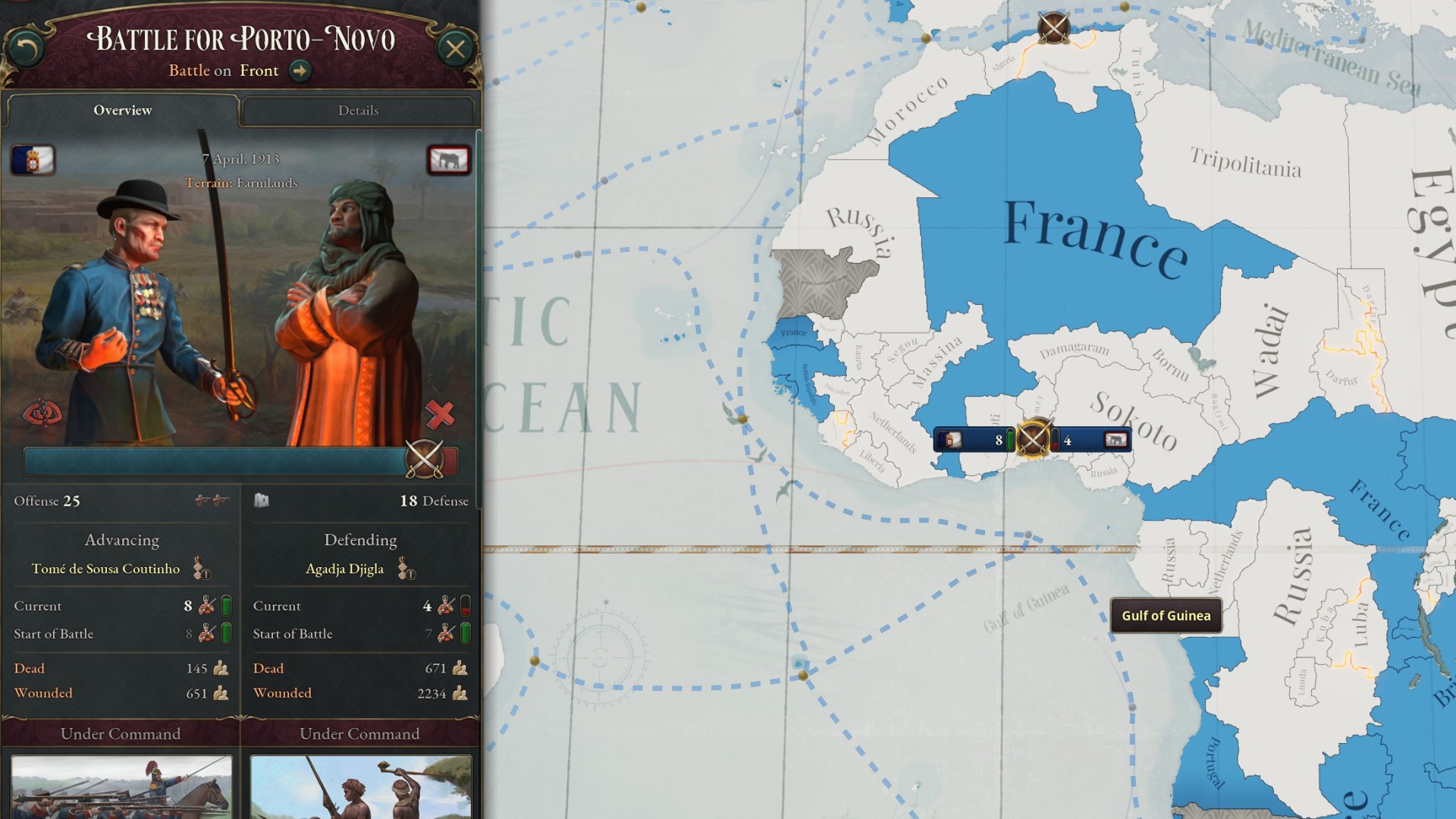 Victoria 3 review: An info panel provides the details on a battle taking place in Africa between a colonial officer and a native commander