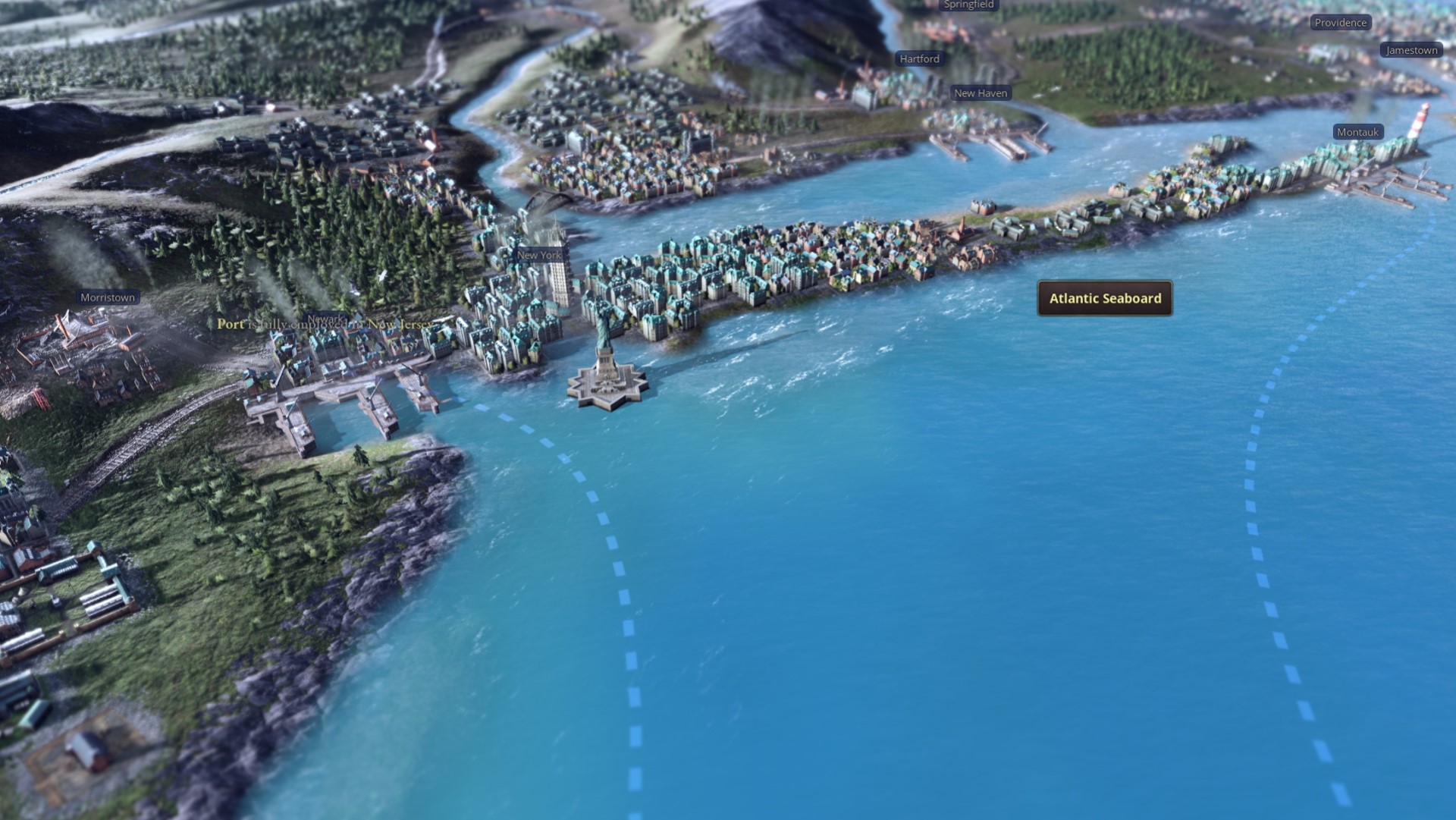 Victoria 3 review: New York City and Long Island are densely packed with buildings in this close-up view in Victoria 3