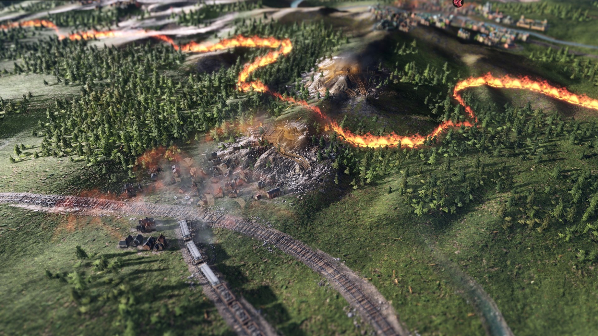 Victoria 3 review: A line of fire cutting across a mountainside indicates an active war front in Victoria 3