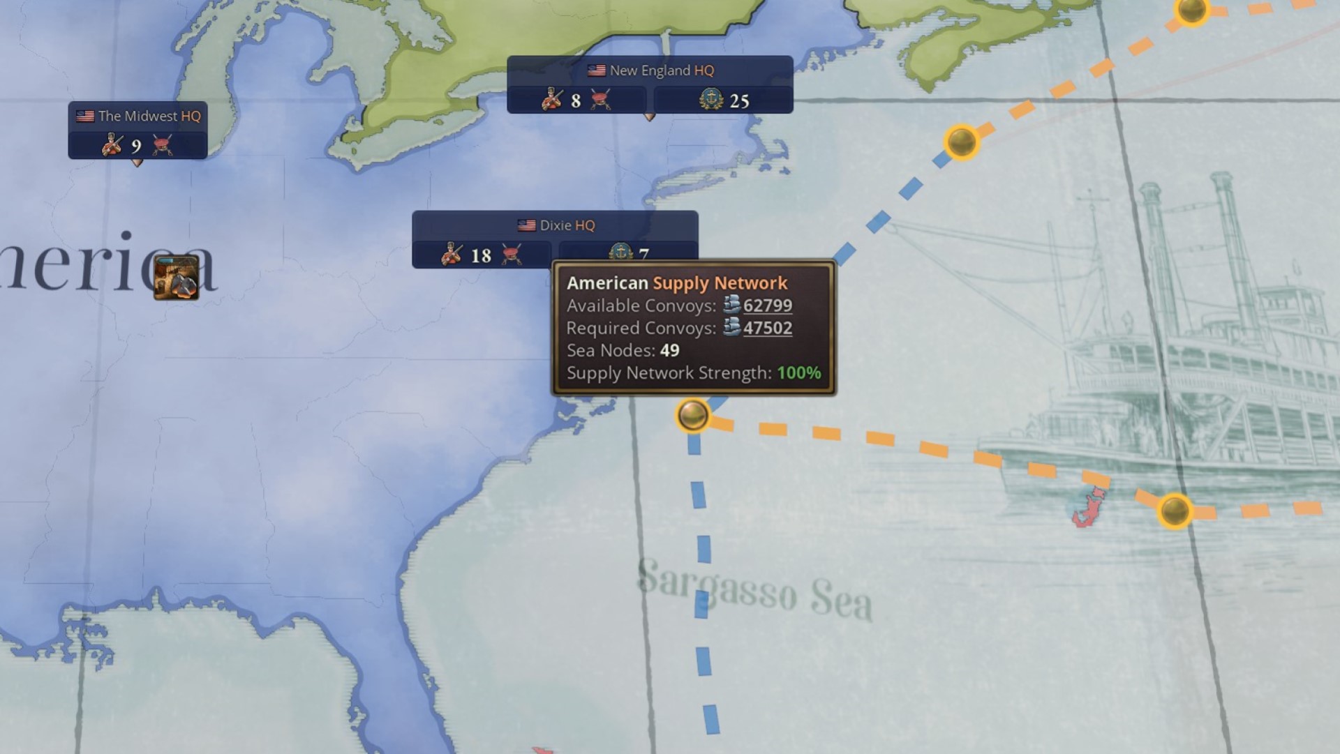Victoria 3 trade guide: A node on the Atlantic coast of the United States shows the American supply network, including the number of available convoys