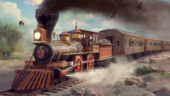 Victoria 3 trade guide: A classic steam engine thunders along the tracks, with black smoke pouring out of its stack