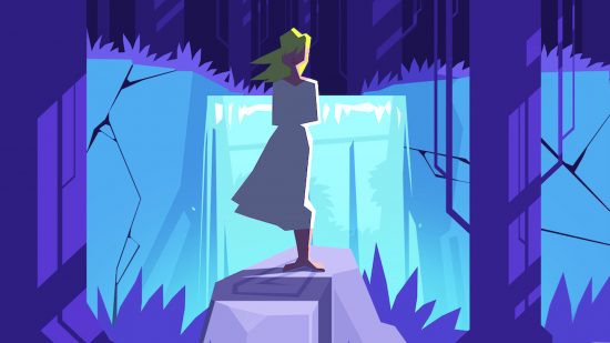 Viking game Atone Heart of the Elder Tree is Guitar Hero, but not: A blond woman in a white dress stands alone on a rock in an icy blue forest as the wind whistles through her hand drawn hair
