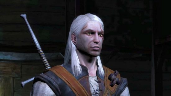The Witcher Remake: A clean-shaven Geralt looking morbid in the original WItcher game