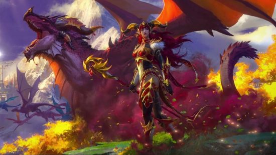 WoW Dragonflight Alexstrasza art took over 30 hours, Blizzard saysWoW Dragonflight Alexstrasza art took over 30 hours, Blizzard says: A dragon woman with curved red horns wearing revealing red and gold armour stands in front of a huge red dragon in a green area
