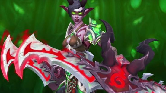 WoW Dragonflight Demon Hunter tier set would make Illidan proud: A woman with elf ears, glowing green eyes and a blindfold stands holding two glaives growling into the camera