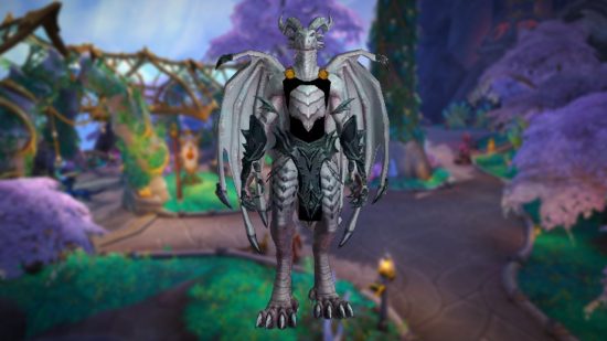 WoW Dragonflight launch schedule: Pre-patch, release date, raids: A grey humanoid dragon stands on a forested background