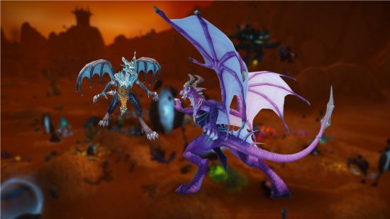 WoW Dragonflight pre-patch event lets you gear faster: Two humanoid dragons called dracthyr fighting in avolcanic area