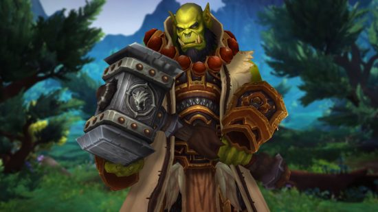 WoW Dragonflight Shaman tier set is as solid as a rock: A green orc wearing heavy fabric robes stands with a hammer on a sunny blue forest backdrop