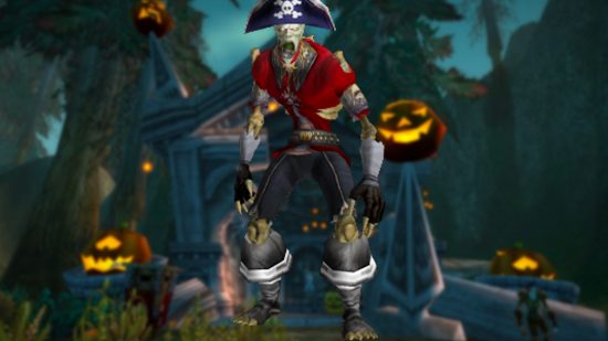 WoW Halloween event brings popular voice actors and huge prizes: A zombie in a pirate outfit stands on a halloween background with Jack 'o' lanterns and a gravestone