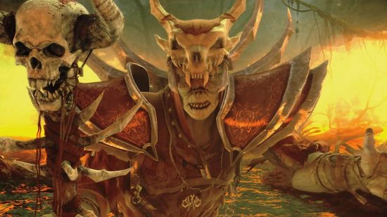 WoW WotLK Affliction Warlock guía: talentos JcE y JcJ, glifos: una figura esquelética con un casco de hueso de cabeza de dragón y una armadura roja puntiaguda se alza con un bastón de hueso sobre un fondo de fuego