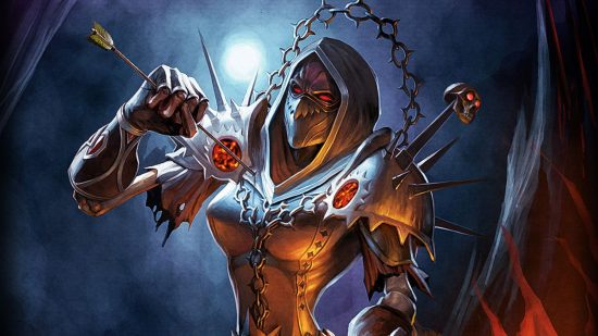 Wow Wotlk Affliction Warlock Guide：PVEとPVPの才能、グリフ：輝く赤い目で黒いフードとグリルした黒いマスクを着た女性は、彼女の黒と銀の革の鎧の心から矢を引き出します