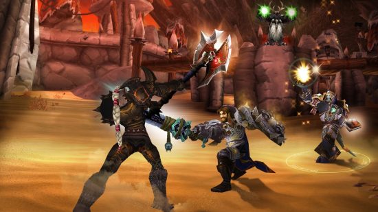 WoW WotLK Classic honor gear is getting a sweet discount: An orc and human fighting as two mages help in the background