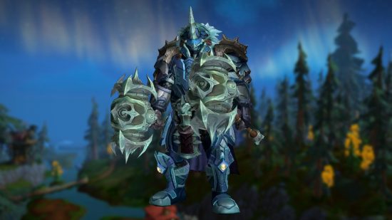 WoW WotLK Classic hotfix corrects loot errors, summoned pets, more: A knight in black, twisted armour that glows freen stands on a frosty forested background