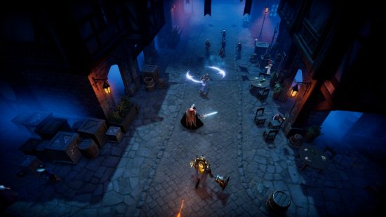 Games like Diablo V Rising: A group of vampires in V Rising assaulting a human town, rushing in to attack a small battalion of guards wielding guns and crossbows as the townsfolk cower in fear.