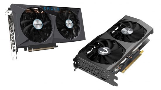 A Gigabyte and Zotac Nvidia RTX 3060 graphics card side-by-side for Black Friday and Cyber Monday deals