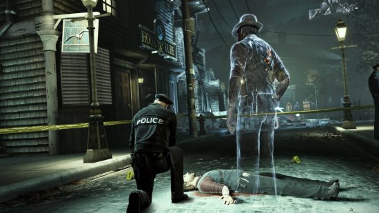 Best Police games - a ghost is standing over his own body as it's being examined by a cop in Murdered: Soul Suspect.