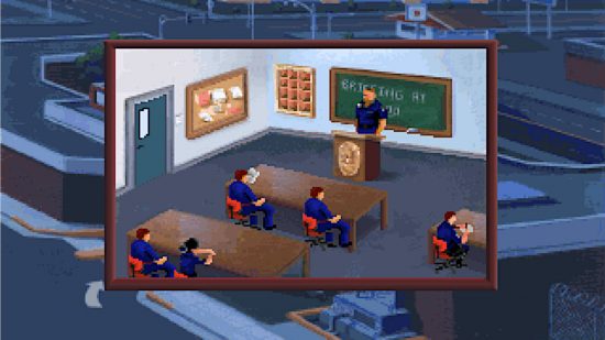 Best police games - a squad of police officers in a briefing room in Police Quest 1.