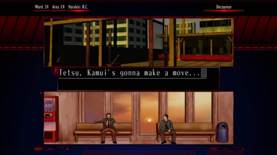 Best Police games -two men are sat on benches in a subway station in The Silver Case.