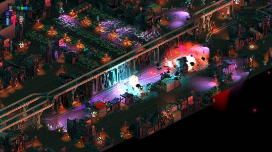 Beste Roboterspiele - Eine isometrische Sicht auf viele Roboter, die sich in einer neon beleuchteten Stadt in Brigador gegenseitig zerstören