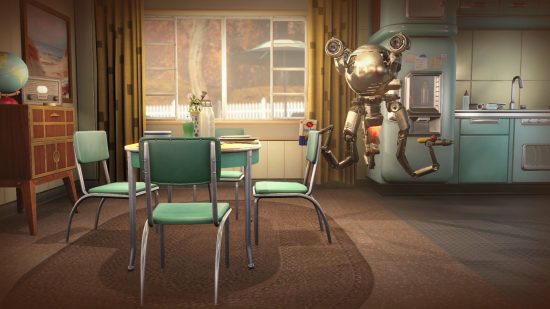 Best robot games - a robot is cleaning a retro-styled house in Fallout 4.