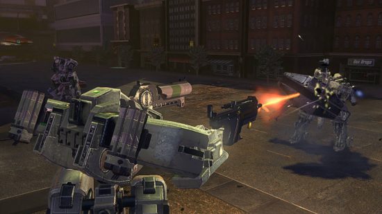 Best robot games - a mech with guns is shooting at a mech with a shield in Front Mission Evolved, outside a deserted street. A single mech in bright colours and a shop called Rex Drugs nearby.