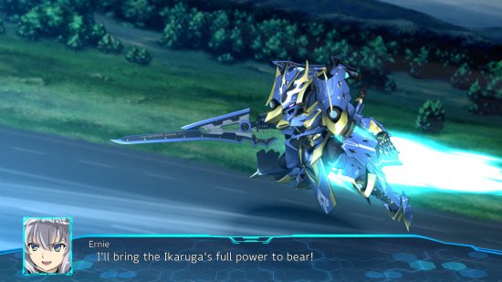 Best robot games - Ernesti from Super Robot Wars 30, originally from the Knights & Magic anime, hurtling toward an enemy in his mech.