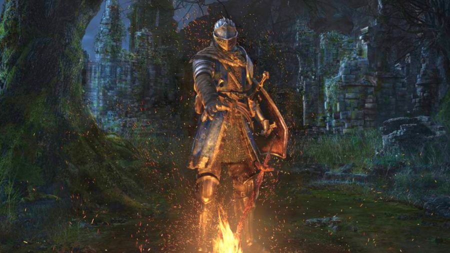 Dark Souls Remastered PC servers are back online: a knight kindles a flame in front of him, with a coiled sword coming out of the bonfire