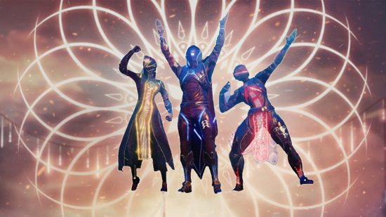 Destiny 2 charity event Game2Give to offer exclusive cosmetics: Three Guardians celebrate in front of the Game 2 Give Bungie Foundation logo.