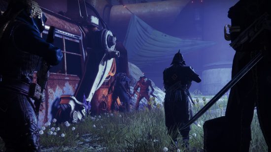 Destiny 2 Eliksni Quarter event guide and rewards: Guardians look on at a decaying school bus in the Eliksni Quarter.