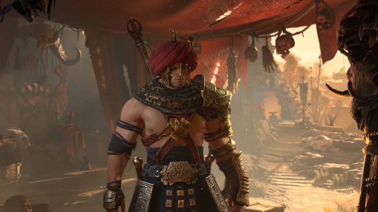 Diablo 4 release date - a barbarian in wearing a turban in the middle of a middle-eastern style market.