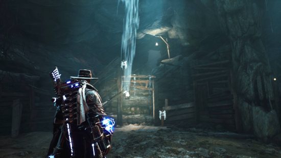 Evil West unique chests locations - Jesse is inside a cave looking at a broken ladder showing him the way out.