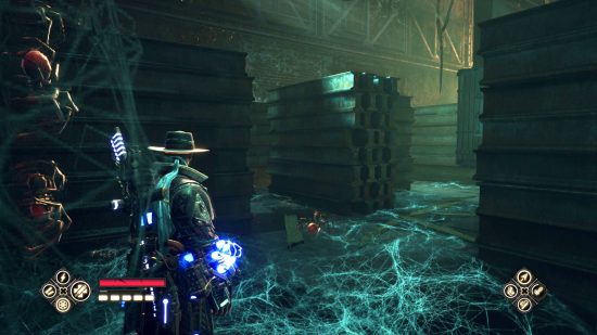 Evil West unique chests locations - Jesse wields a flamethrower as he wades through a warehouse covered in spiders and cobwebs.