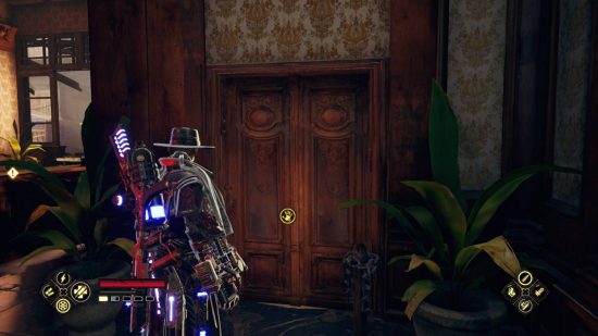 Evil West unique chests locations - Jesse standing outside of an office door inside a bank. A plant pot is outside.