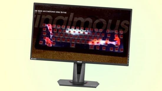 Monitor with Finalmouse gaming keyboard on screen with UE5 powered fish animation
