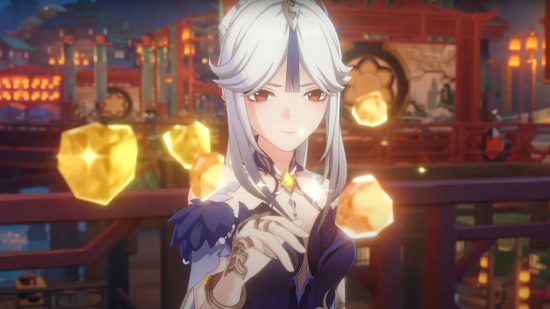 Genshin Impact player earns 400 million mora, aiming for 1 billion: anime girl with white hair and red eyes surrounded by gold