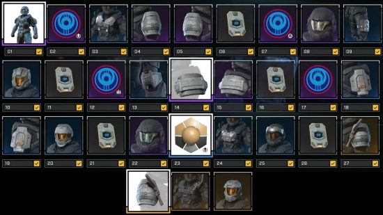An image showing all 30 rewards from the Halo Infinite update winter battle pass