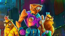 High on Life is “Metroid Prime, but funny!”: a close up of three aliens, a banana looking one on the left, one with brightly coloured body armour in the middle, and one frowning on the right