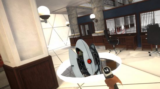 A Portal turret super imposed coming through a warp gate in new Meta Quest 2 game, Warp Lab