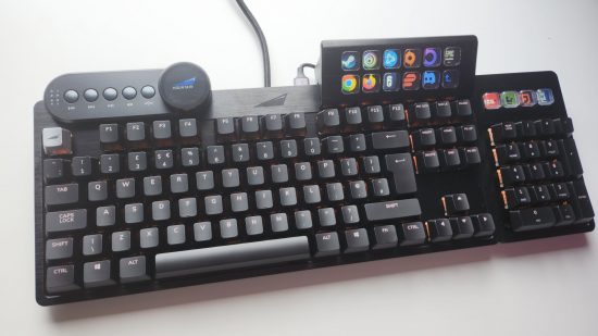 Mountain Everest Max review - a fully assembled gaming keyboard with a media dock in the top left and DisplayPad in the top right