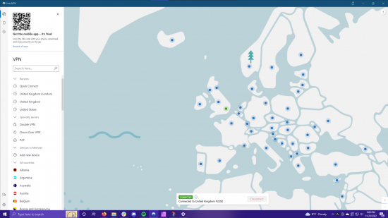 NordVPN review: the Windows app in fullscreen, connected to a UK server