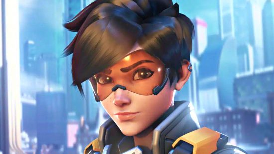 : A close up of Tracer's face, with her iconic orange goggles and skied hair