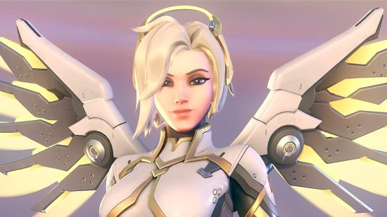 Overwatch 2 character glitch with Mercy being looked at by Blizzard: a close up of hero Mercy, with her white armour, halo ring, and big wings